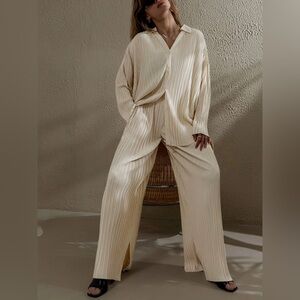 Pleated Button Up Shirt and Wide-Leg Pants Set